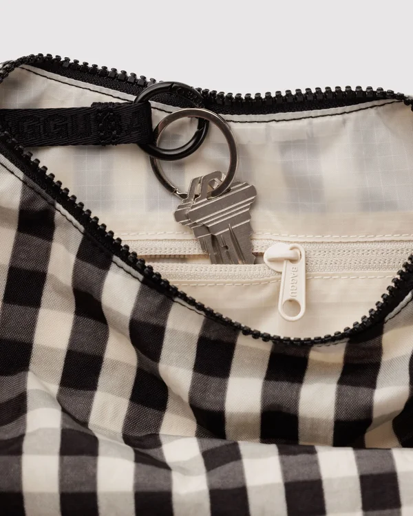 Small Nylon Crescent Bag - Black And Cream Gingham