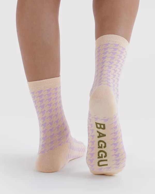 Crew Sock - Pink Houndstooth - Size: OS