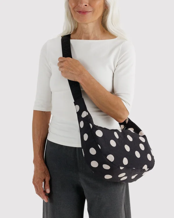 Medium Nylon Crescent Bag - Black And Cream Polka Dot - Size: OS