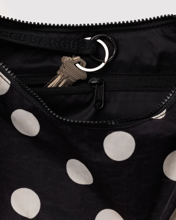 Medium Nylon Crescent Bag - Black And Cream Polka Dot - Size: OS